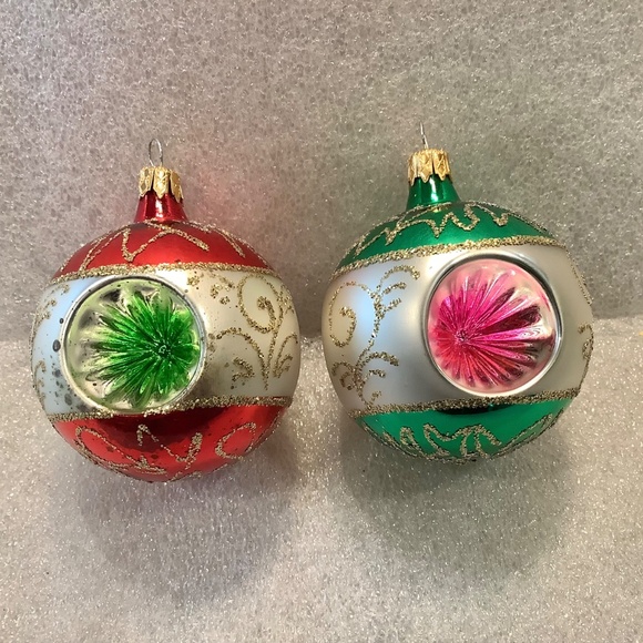 2 Vintage Triple Indent Reflector Blown Glass Christmas Ornaments Colombia - Picture 2 of 8